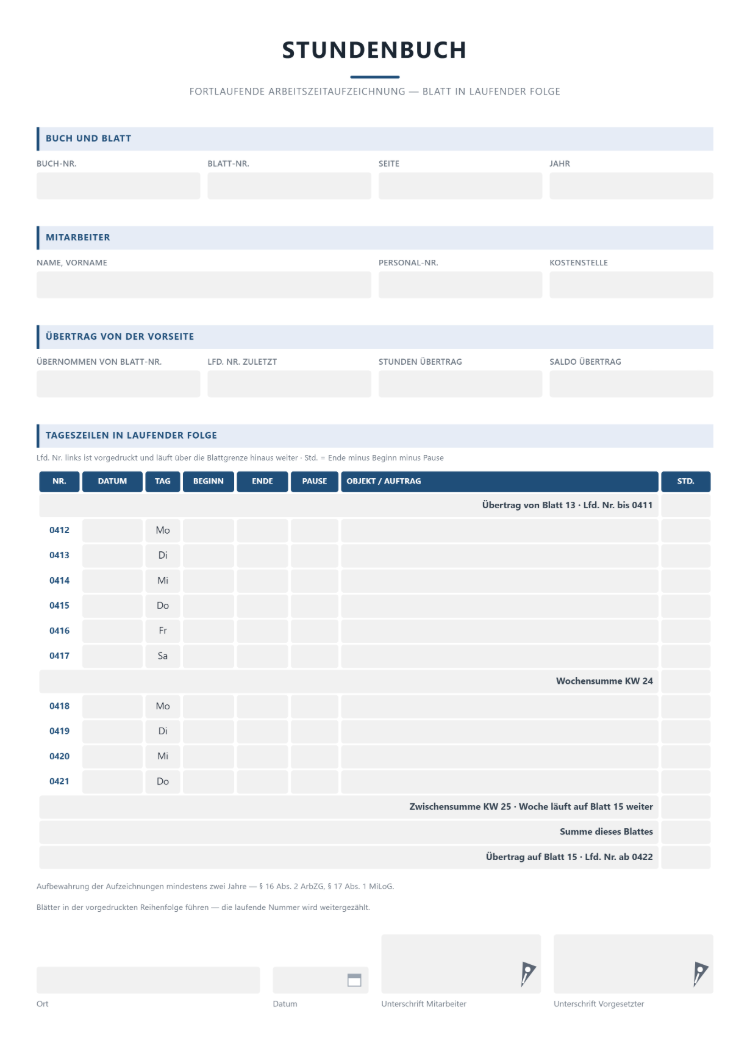 Stundenbuch Vorlage