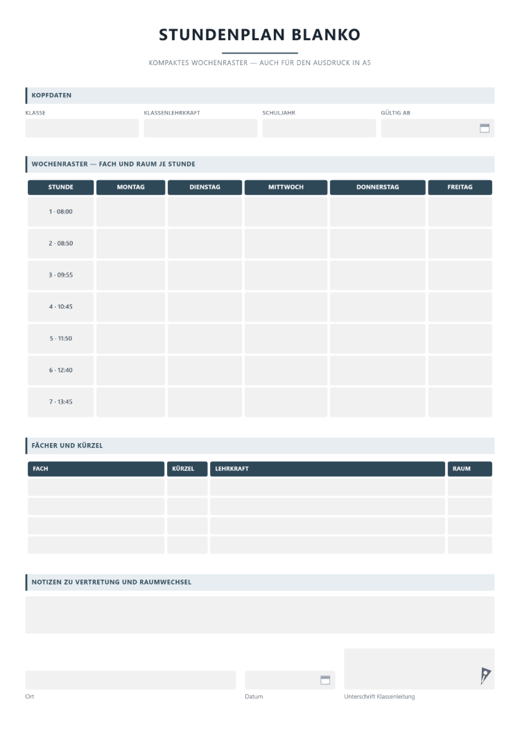 Stundenplan blanko im A5-Format