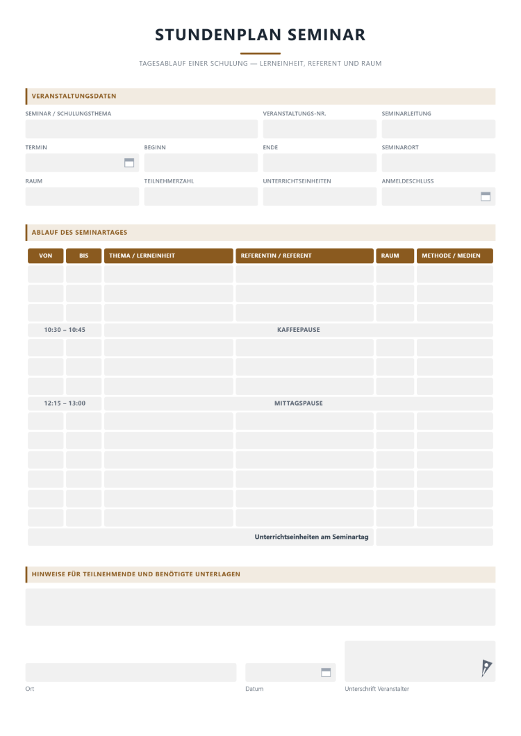 Stundenplan als Seminarplan