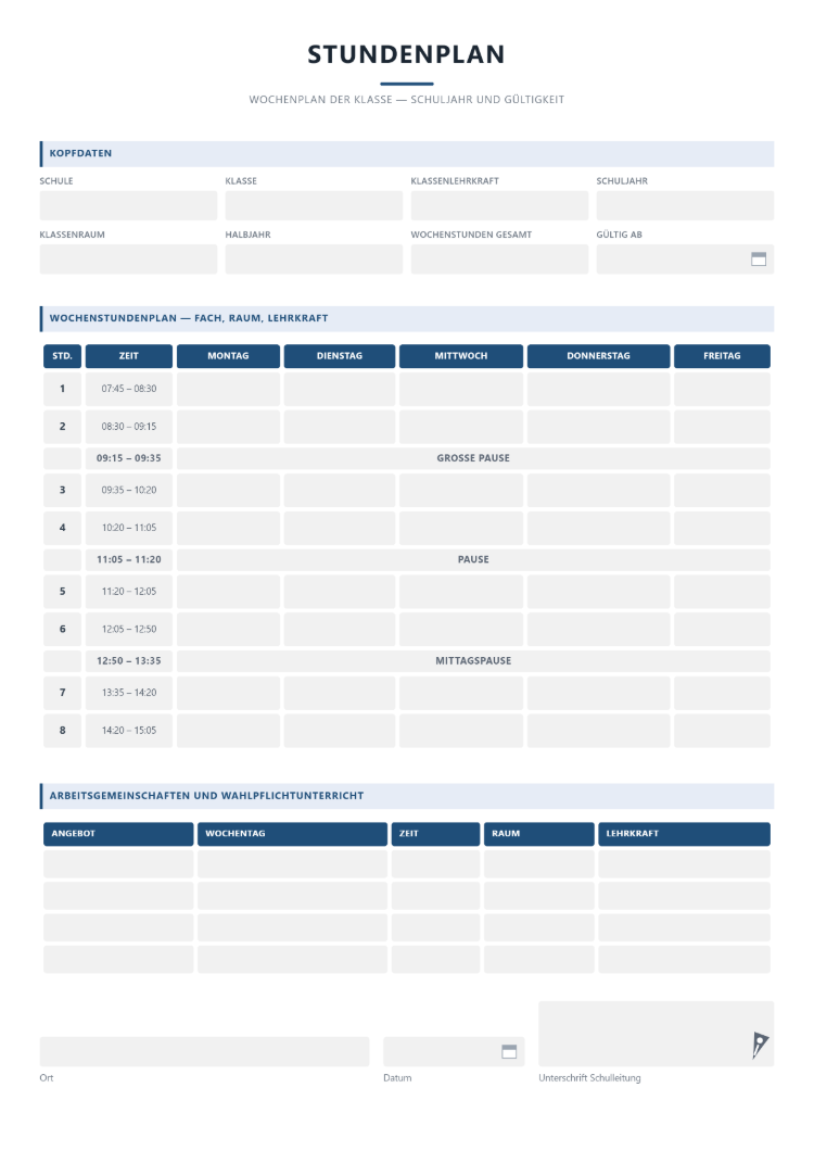 Stundenplan Vorlage