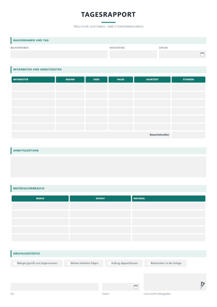 Tagesrapport Vorlage