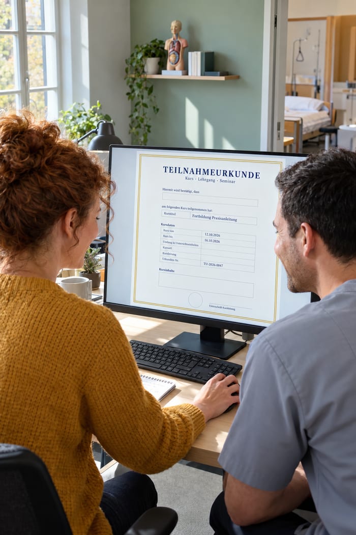 Kursbüro eines Bildungszentrums für Pflegeberufe: Leiterin und Pflegedozent freuen sich am Monitor über die digitale Teilnahmeurkunde