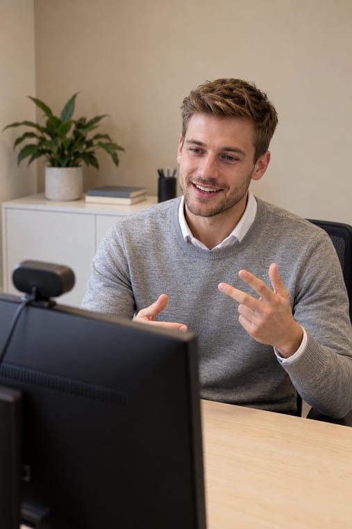 Formilo-Berater im grauen Pullover erklärt im Online-Meeting, wie die Teilnahmebestätigung entsteht