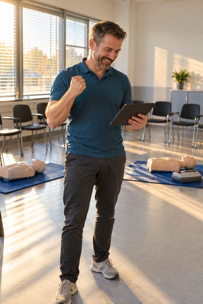 Erste-Hilfe-Ausbilder ballt nach Kursende im leeren Schulungsraum mit Übungspuppen zufrieden die Faust, das Tablet in der Hand
