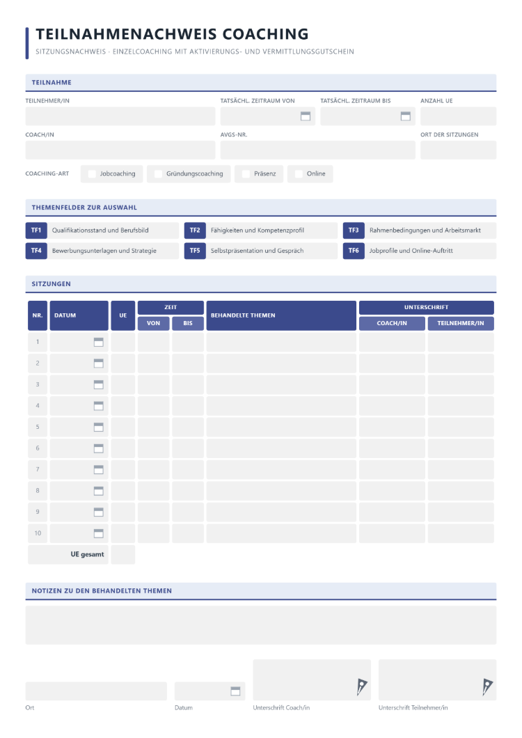 Teilnahmenachweis Coaching als Sitzungsnachweis eines Einzelcoachings mit Aktivierungs- und Vermittlungsgutschein, Themenfeldern zur Auswahl, Unterrichtseinheiten je Sitzung und Unterschrift von Coach und Teilnehmer