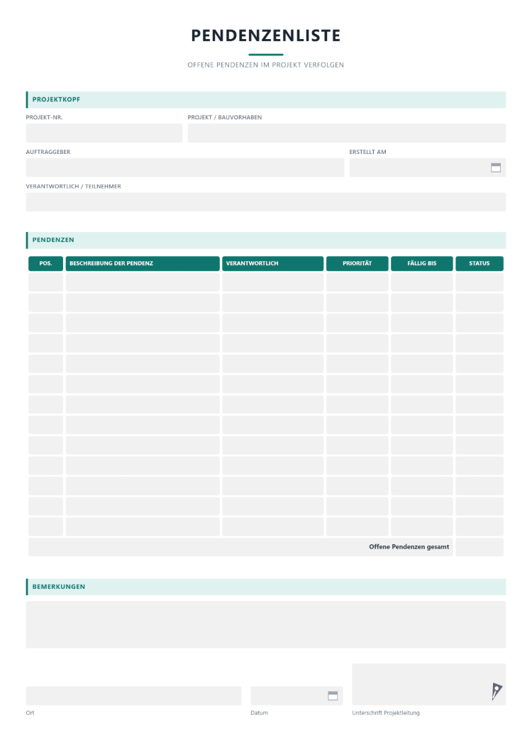 Pendenzenliste für Projekte