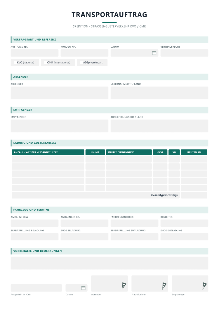 Transportauftrag für die Spedition