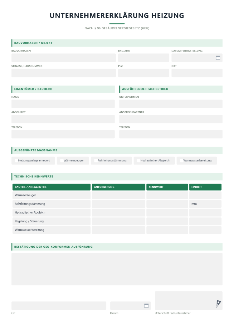 Unternehmererklärung Heizung