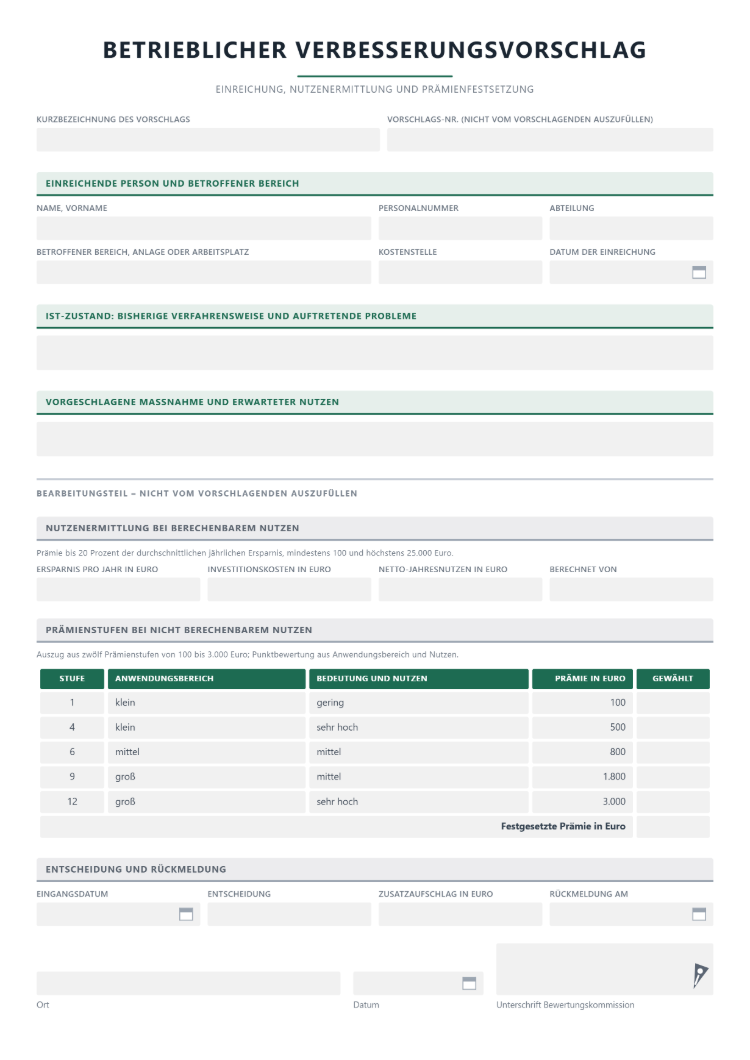 Betriebliches Vorschlagswesen Formular