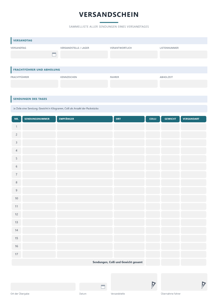 Versandbeleg als Sammelliste mehrerer Sendungen