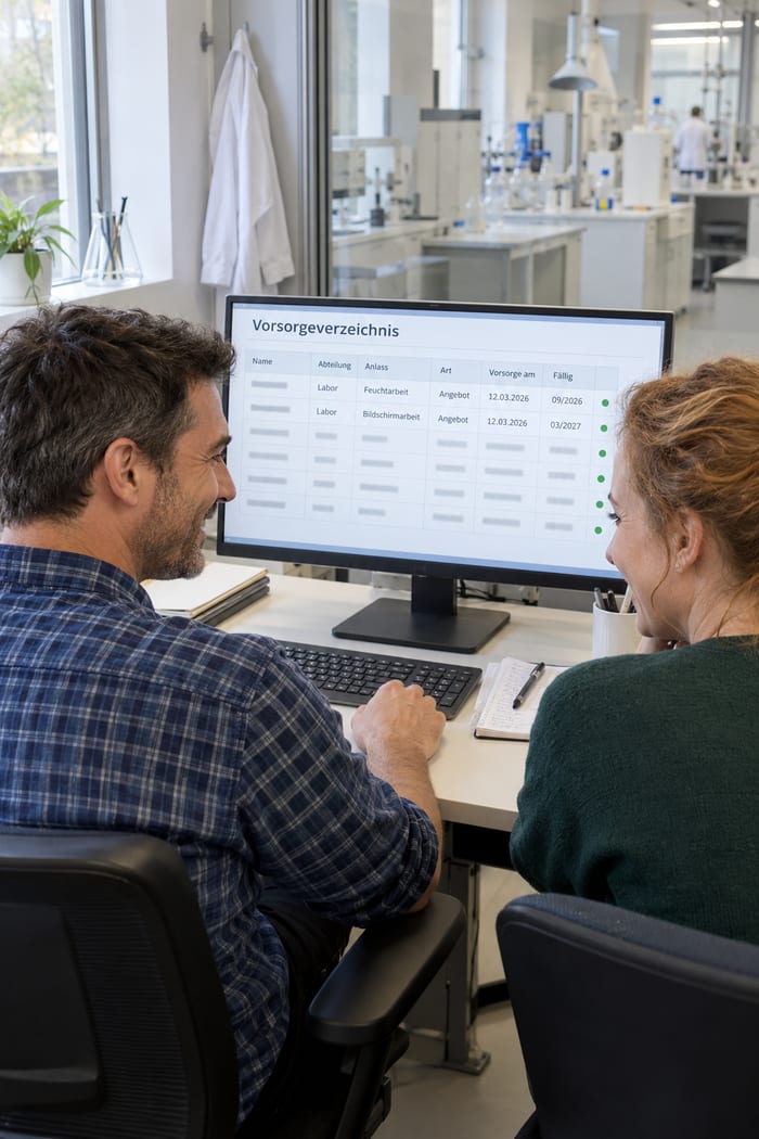 Zwei Mitarbeiter im Büro eines Labors sehen sich am Monitor das digitale Vorsorgeverzeichnis mit Anlässen und Fälligkeiten an