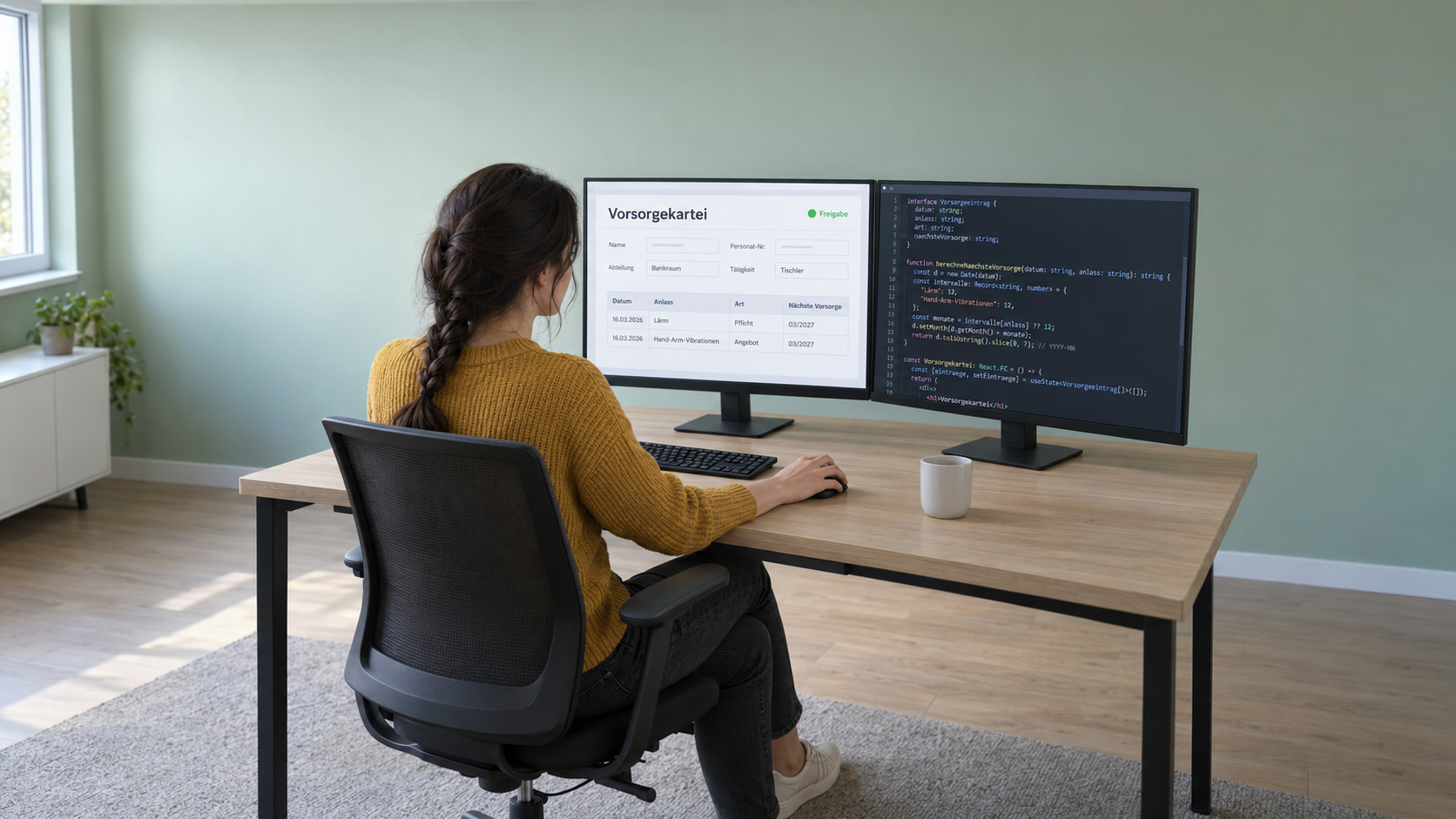 Entwicklerin programmiert die Vorsorgekartei: links das Formular mit Anlässen, nächster Vorsorge und Freigabe, rechts der Code