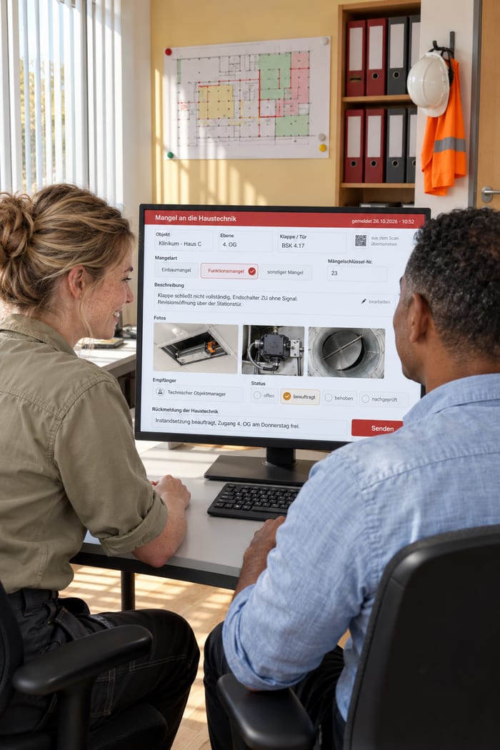 Mitarbeiterin und Kollege eines Brandschutz-Fachbetriebs freuen sich im Büro über die Meldung Mangel an die Haustechnik mit Fotos der Klappe und dem Status beauftragt, an der Wand ein Geschossplan, im Regal Ordner, Schutzhelm und Warnjacke