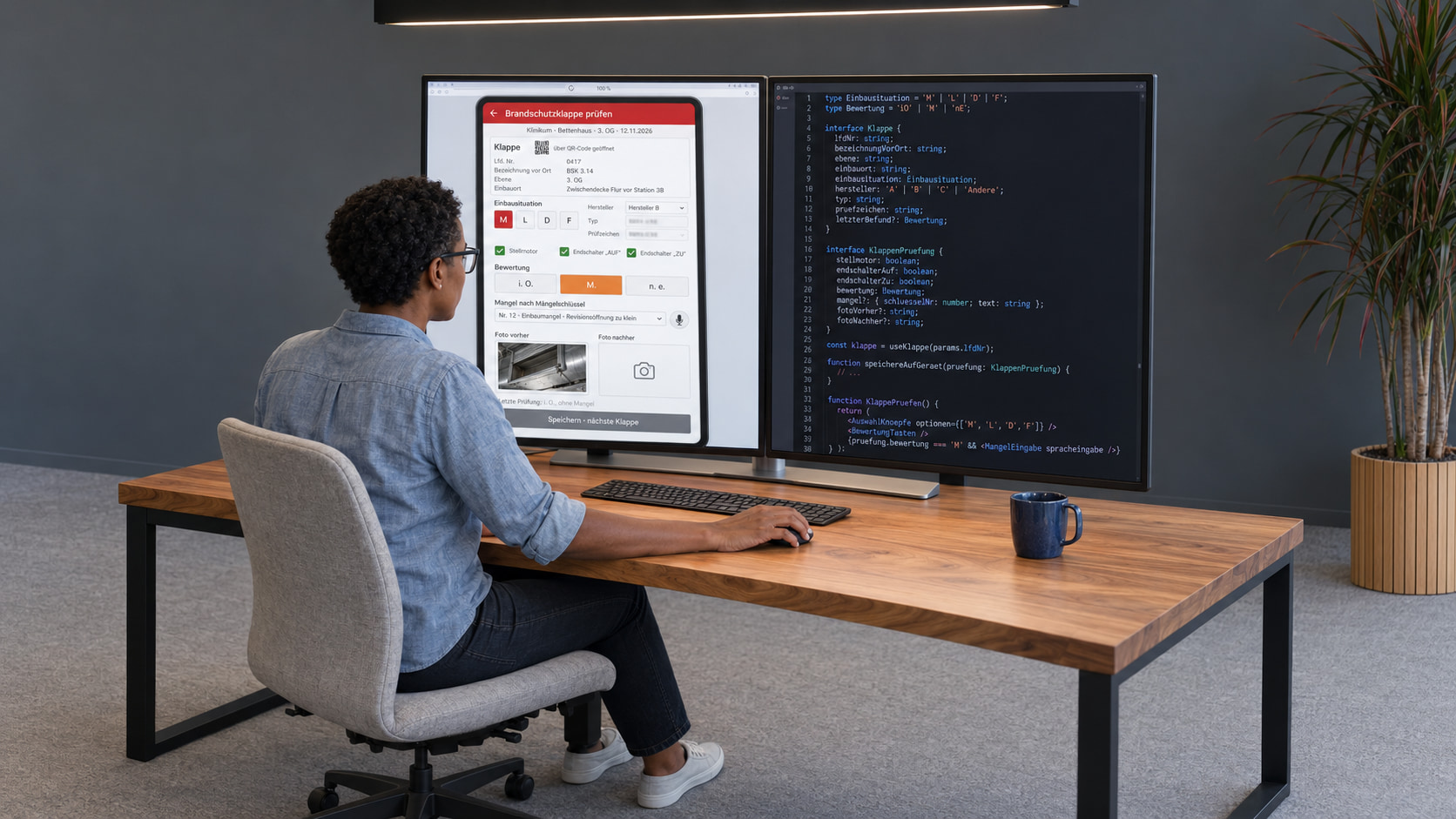 Am Entwicklerarbeitsplatz entsteht die Wartungs-App: links am Monitor die Maske Brandschutzklappe prüfen mit Einbausituation, Stellmotor und Endschaltern, Bewertung, Mangel nach Mängelschlüssel und Fotos, rechts der TypeScript-Code dazu
