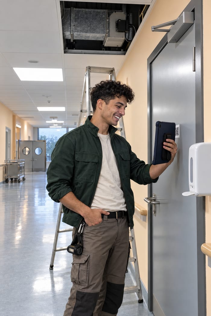 Junger Brandschutztechniker in dunkelgrüner Arbeitsjacke hält im Klinikflur das Tablet mit Schutzhülle vor den QR-Code an einer Feuerschutztür und lacht, hinter ihm eine Leiter und die geöffnete Zwischendecke mit Lüftungstechnik