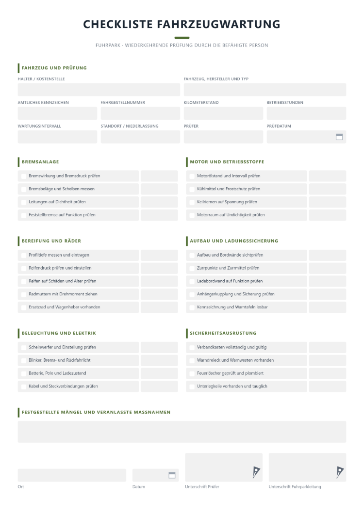 Checkliste Fahrzeugwartung