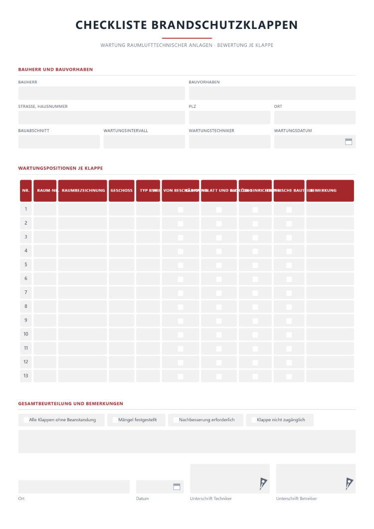 Checkliste Wartung Brandschutzklappen