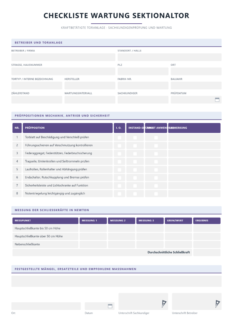 Checkliste Wartung Sektionaltor