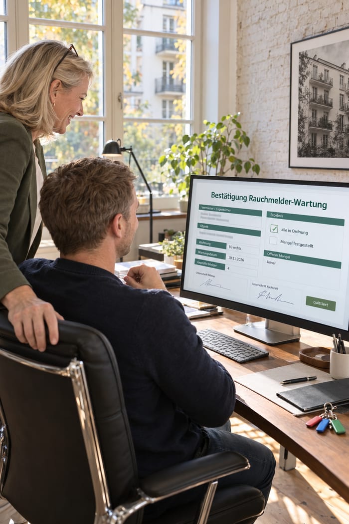 Im Büro der Vermieterin freuen sich zwei Personen am Monitor über die quittierte Bestätigung der Rauchmelder-Wartung