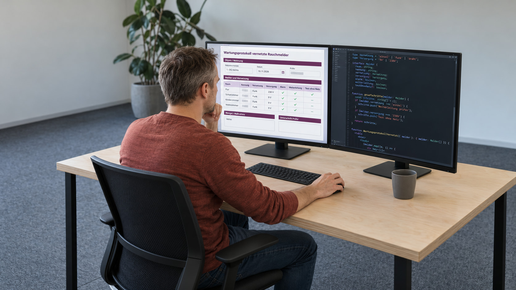 Softwareentwickler programmiert das Rauchmelder-Wartungsprotokoll, auf dem einen Monitor die Prüffassung für vernetzte Rauchmelder, auf dem anderen der Code