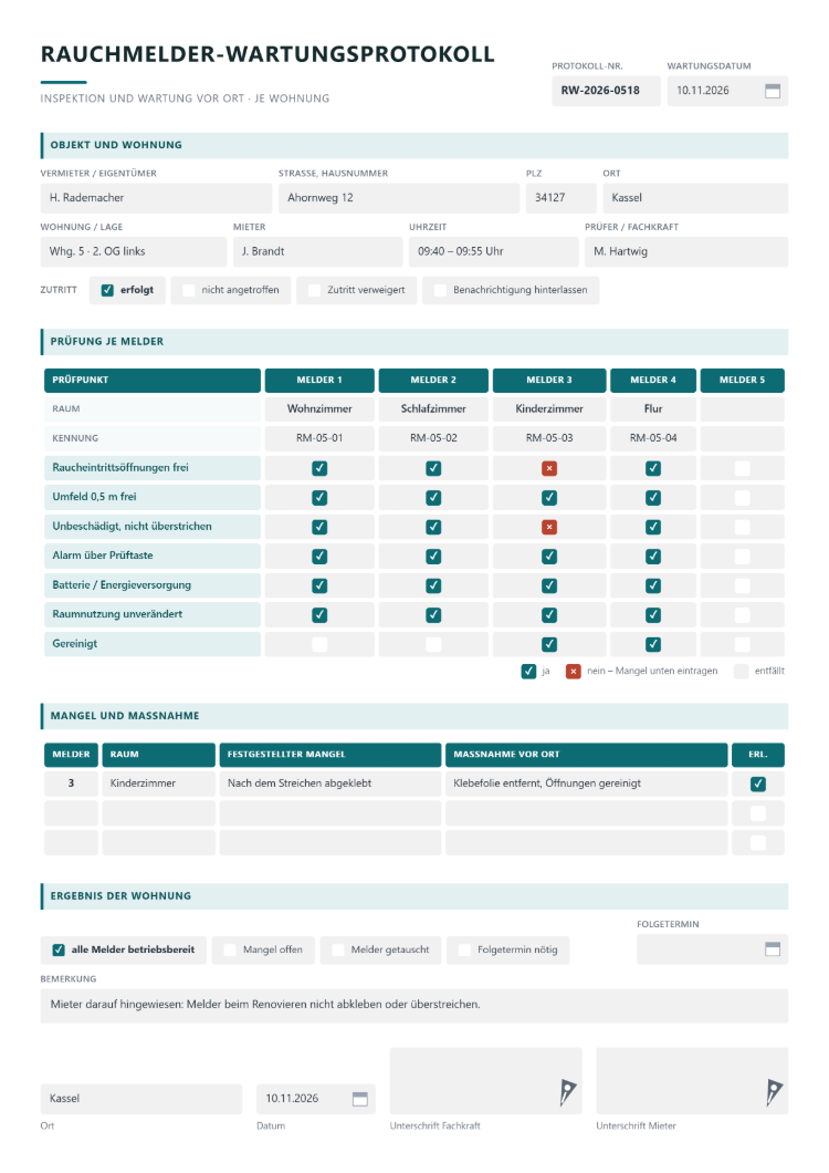 Rauchmelder-Wartungsprotokoll je Wohnung mit Zutrittsstatus, Prüfmatrix für bis zu fünf Melder mit Raum und Kennung, Mangel und Maßnahme sowie Unterschrift von Fachkraft und Mieter