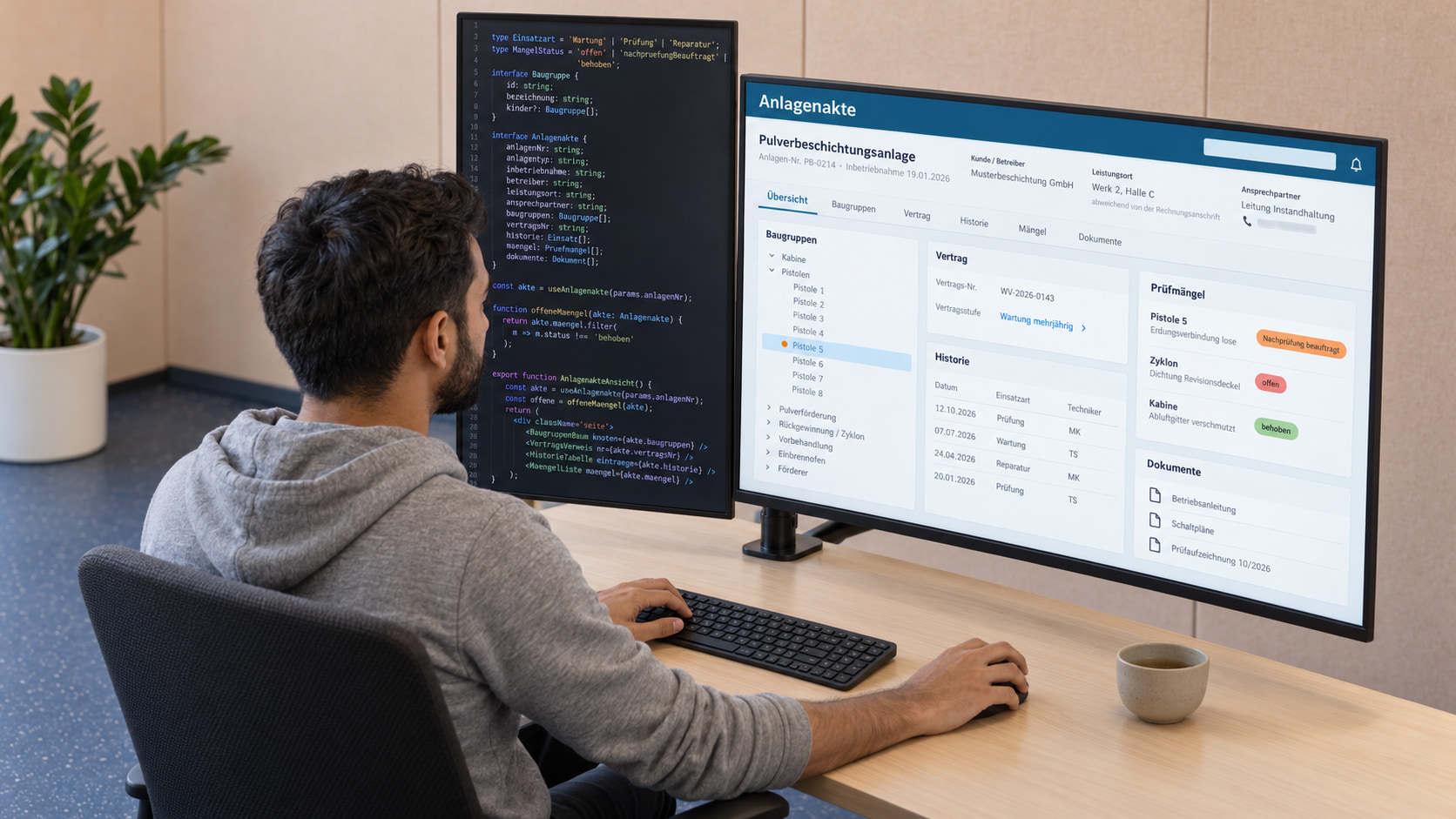 Am Entwicklerarbeitsplatz entsteht die Wartungssoftware: rechts am Monitor die Anlagenakte einer Pulverbeschichtungsanlage mit Baugruppenbaum, Vertrag, Historie, Prüfmängeln und Dokumenten, links der TypeScript-Code dazu
