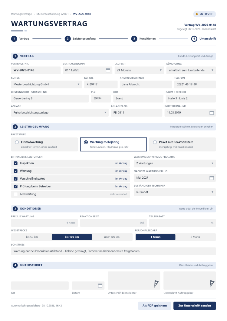 Maske Wartungsvertrag in der Wartungssoftware in vier Schritten: Vertrag mit Vertragsbeginn, Laufzeit, Kündigung, Kunde, Leistungsort und Anlage, Leistungsumfang mit Paketstufe Einmalwartung, Wartung mehrjährig oder Paket mit Reaktionszeit, enthaltenen Leistungen und Wartungsrhythmus pro Jahr, Konditionen mit leeren Feldern für Preis je Wartung, Reaktionszeit und Teilerabatt, Wegstrecke und Personalbedarf per Auswahl sowie Unterschriften von Dienstleister und Auftraggeber