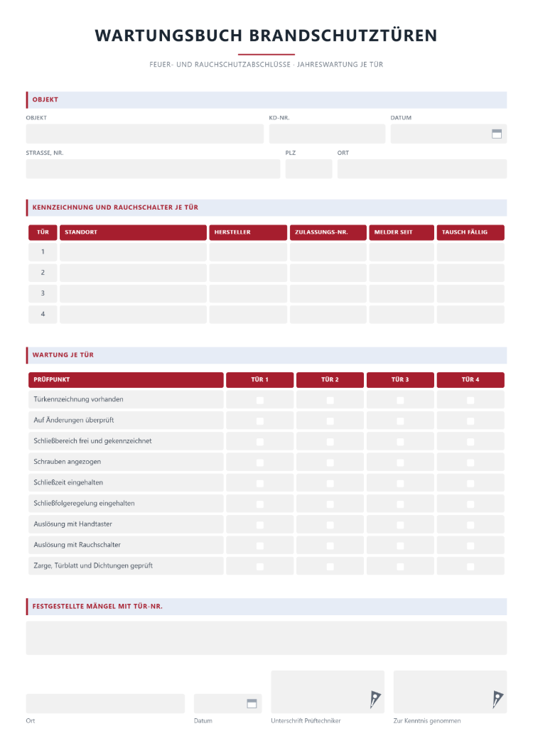Wartungsbuch für Brandschutztüren mit Kennzeichnung, Rauchschaltern und Meldertausch je Tür