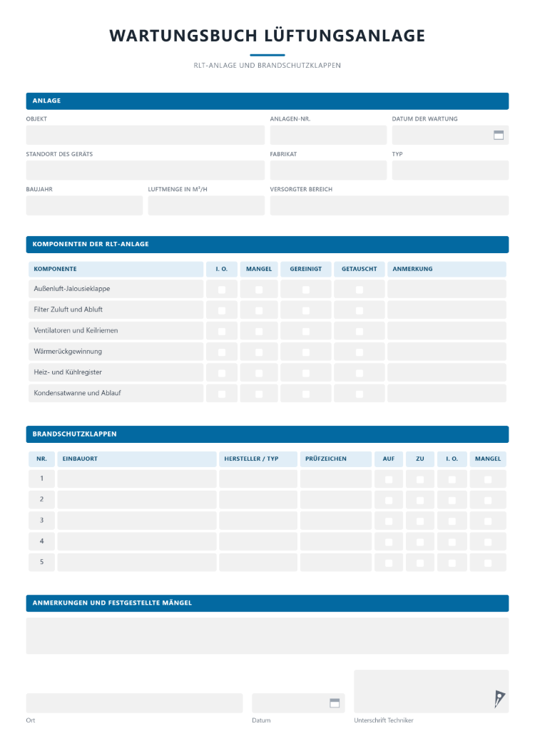 Wartungsbuch für die Lüftungsanlage mit Komponenten der RLT-Anlage und Brandschutzklappen