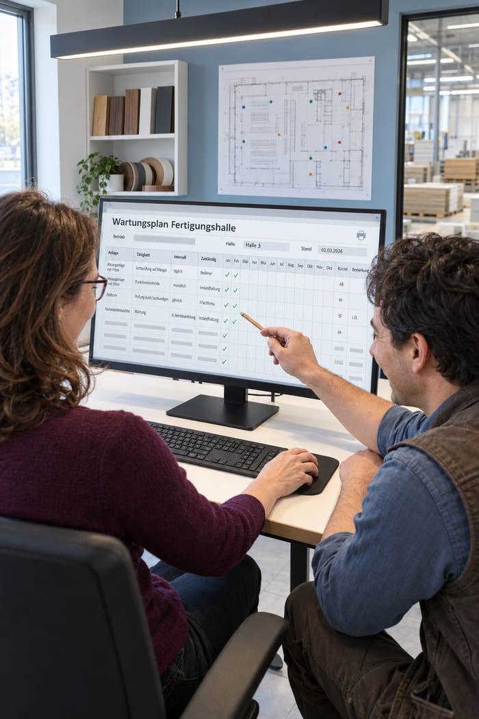 Zwei Mitarbeitende einer Möbelfertigung lächeln im Büro über den Wartungsplan Fertigungshalle am Monitor, mit Anlage, Tätigkeit, Intervall, Zuständigem und abgezeichneten Monaten, an der Wand ein Hallengrundriss, im Regal Holzproben und Kantenrollen, durchs Fenster die Halle mit Plattenstapeln
