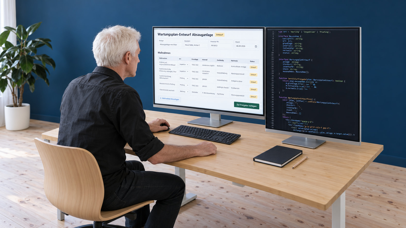 Entwickler programmiert einen Wartungsplan: links der Wartungsplan-Entwurf Absauganlage mit Anlage, Standort und Inventar-Nr. sowie Maßnahmen mit Art, Grundlage TRGS 553, Intervall, Zuständigem, Nachweis und Status Entwurf, rechts der Code dazu