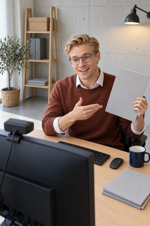Formilo-Berater mit Brille und rotbraunem Pullover hält im Videocall eine Mappe hoch und erklärt, wie der erste Wartungsplan entsteht