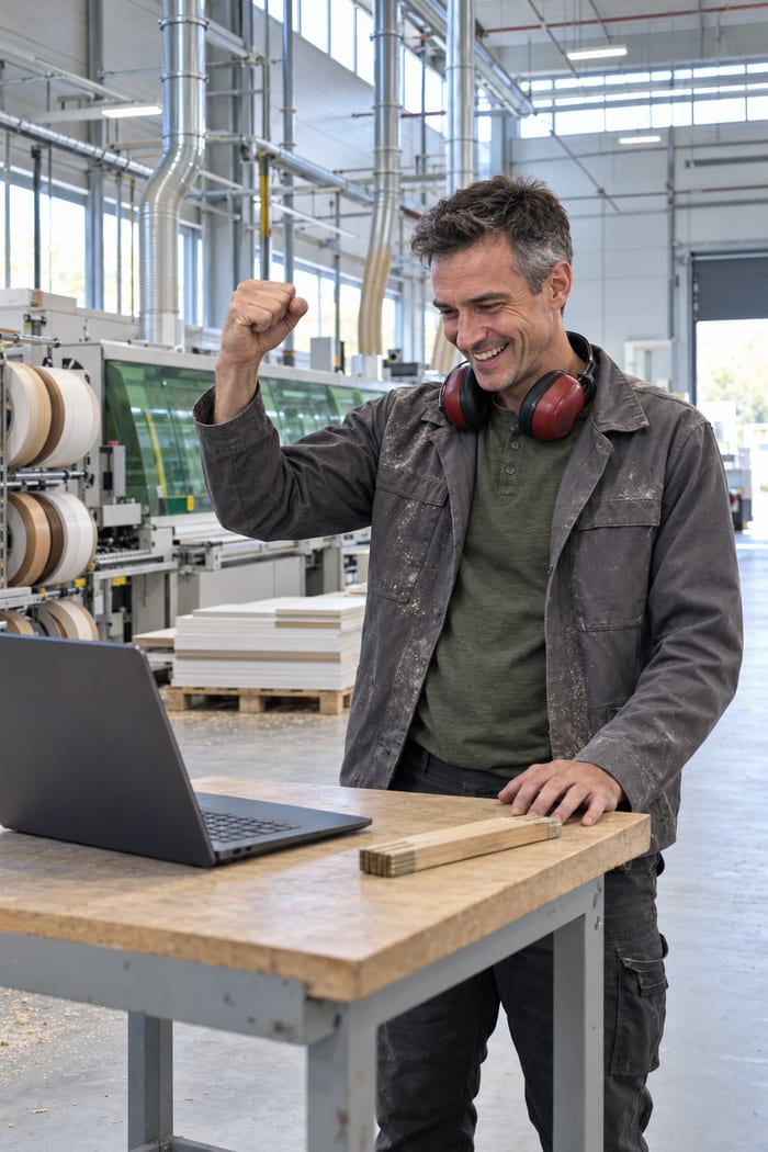 Instandhaltungsleiter mit rotem Gehörschutz um den Hals und holzstaubiger Arbeitsjacke reckt in einer neuen Fertigungshalle lachend die Faust vor seinem Laptop, hinter ihm eine Kantenanleimmaschine mit Kantenrollen, gestapelte Platten und Absaugrohre unter der Hallendecke