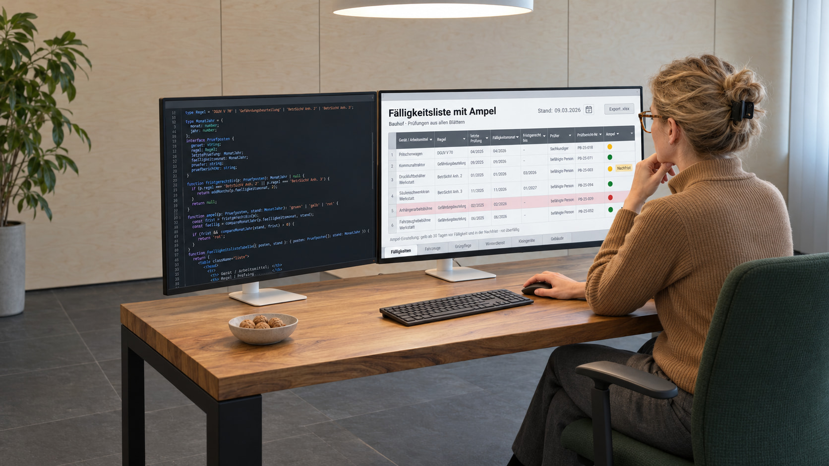 Entwicklerin programmiert einen Wartungsplan aus Excel: links der Code, rechts die Fälligkeitsliste mit Ampel aus allen Tabellenblättern des Bauhofs mit Gerät, Regel, letzter Prüfung, Fälligkeitsmonat, Prüfer und Prüfbericht-Nr., darunter die Reiter von Fahrzeuge bis Gebäude