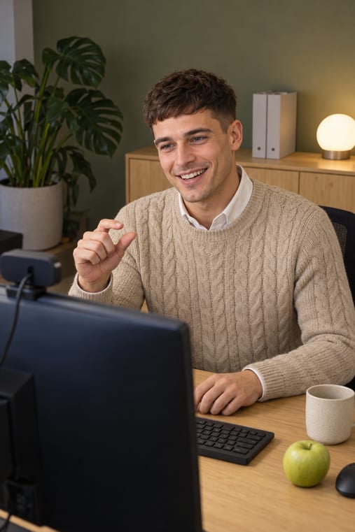 Formilo-Berater im hellen Zopfstrickpullover erklärt im Videocall, wie aus der Excel-Mappe der digitale Wartungsplan entsteht
