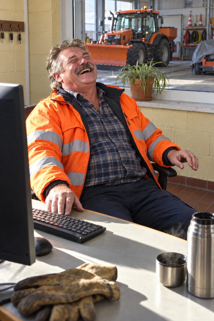 Bauhofleiter mit Schnauzbart in orangefarbener Warnjacke lehnt sich im Büro des Bauhofs lachend zurück, vor ihm Tastatur und Monitor, Arbeitshandschuhe und Thermoskanne, durchs Fenster ein orangefarbener Kommunaltraktor mit Schneepflug in der Fahrzeughalle