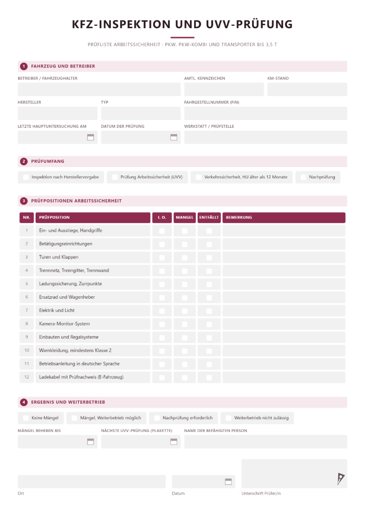 Checkliste für Kfz-Inspektion und UVV-Prüfung mit Prüfpositionen zur Arbeitssicherheit für Pkw und Transporter bis 3,5 t