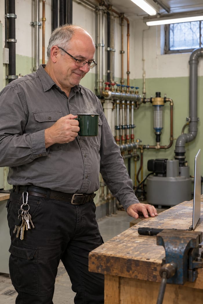 Haustechniker im grauen Arbeitshemd steht im Technikraum im Keller an der Werkbank, hält einen dampfenden Becher und lächelt zufrieden auf seinen Laptop, hinter ihm Trinkwasserverteilung mit Rückspülfilter und eine Hebeanlage