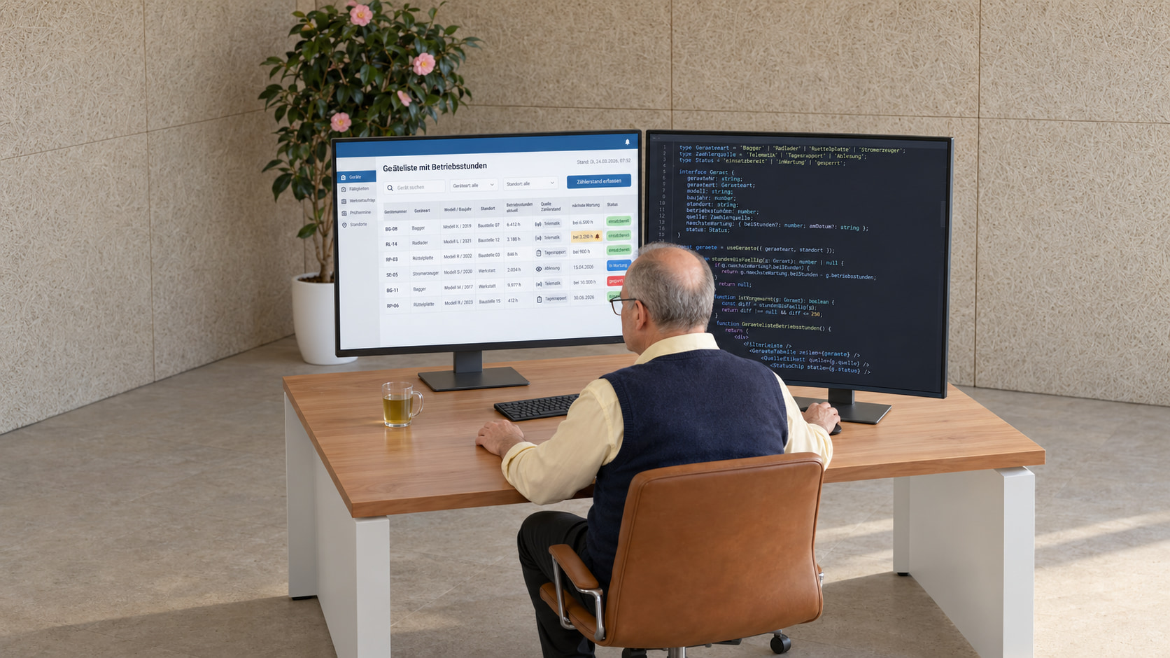 Am Entwicklerarbeitsplatz entsteht die Wartungsplan-Software: links am Monitor die Geräteliste mit Betriebsstunden mit Bagger, Radlader, Rüttelplatte und Stromerzeuger, Quelle des Zählerstands, nächster Wartung und Status, rechts der TypeScript-Code dazu