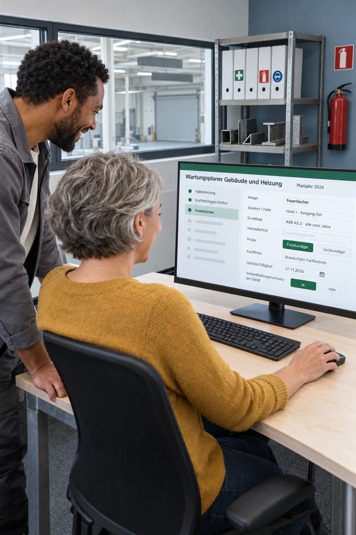 Mitarbeiterin und Kollege eines Metallbaubetriebs gehen im Büro an der Halle lächelnd den Wartungsplaner Gebäude und Heizung am Monitor durch, mit Hallenheizung, kraftbetätigtem Rolltor und Feuerlöscher, Grundlage, Prüfer und nächster Fälligkeit, im Regal Ordner und Stahlprofile, an der Wand ein Feuerlöscher