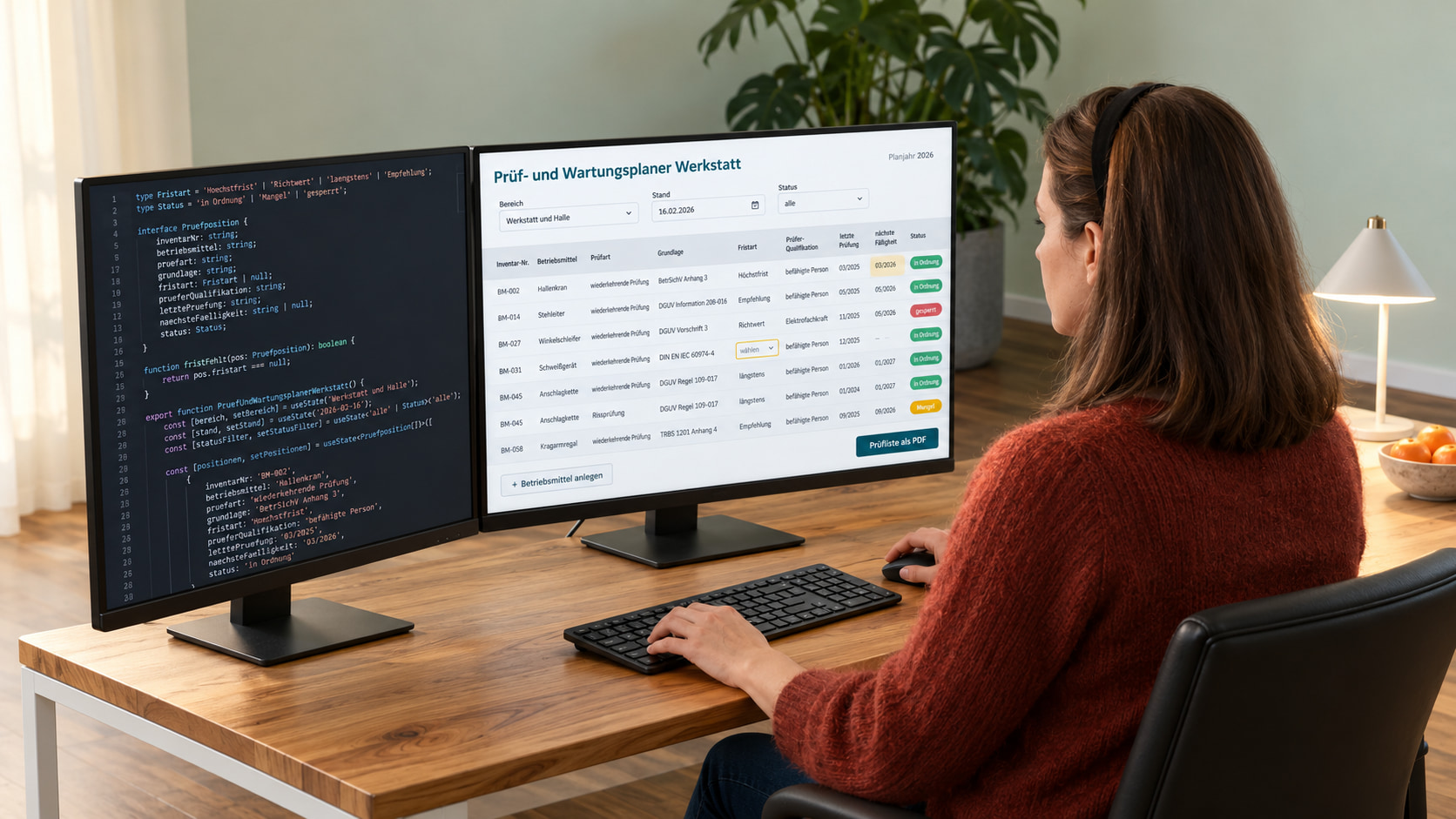 Entwicklerin programmiert den Prüf- und Wartungsplaner Werkstatt: links der Code, rechts die Betriebsmittel von Hallenkran, Stehleiter und Winkelschleifer über Schweißgerät und Anschlagkette bis Kragarmregal mit Prüfart, Grundlage, Fristart, Prüfer-Qualifikation, letzter Prüfung, nächster Fälligkeit und Status