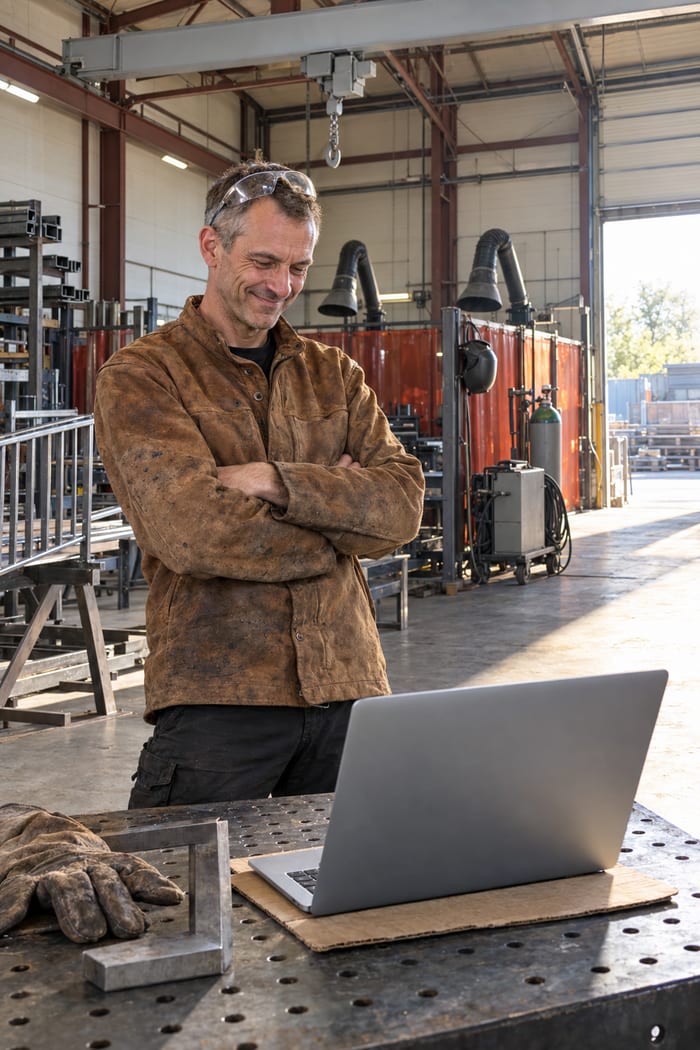 Werkstattleiter eines Metallbaubetriebs in brauner Schweißerjacke, die Schutzbrille auf der Stirn, steht mit verschränkten Armen vor dem Laptop auf dem Schweißtisch und lächelt, hinter ihm Hallenkran, Schweißplätze mit Absaugung und ein Schweißgerät