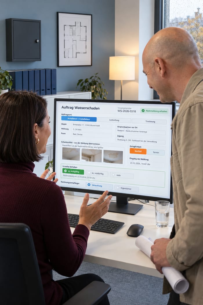 Mitarbeiterin und Kollege einer Hausverwaltung gehen im Büro lächelnd den Auftrag Wasserschaden am Monitor durch, mit Vorgangsnummer, Rückmeldung erhalten, Auftragsart Notdienst oder Installateur, Leckortung oder Trocknung, Objekt, Wohnung und Raum, Schadensbild aus der Meldung samt Fotos, Dringlichkeit Notfall und Ursache behoben, an der Wand ein gerahmter Grundriss und ein Schlüsselkasten, im Regal blaue Ordner