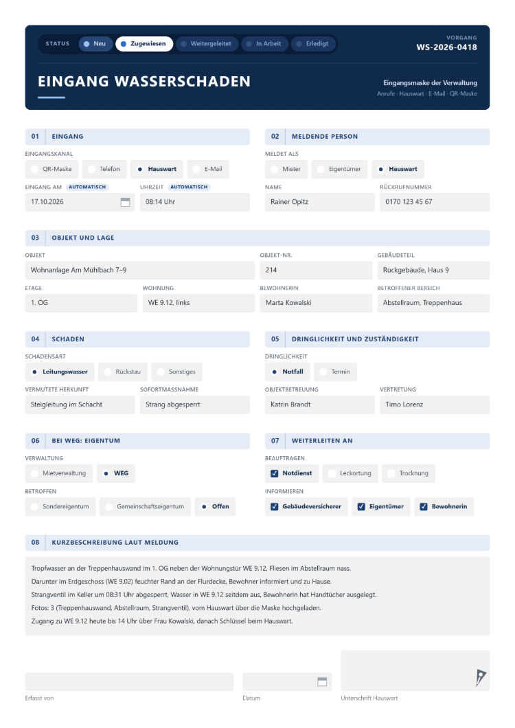 Eingang Wasserschaden als Eingangsmaske der Verwaltung mit Status von Neu über Zugewiesen und Weitergeleitet bis Erledigt, Vorgangsnummer, Eingangskanal QR-Maske, Telefon, Hauswart oder E-Mail, Eingang mit Datum und Uhrzeit automatisch, meldender Person, Objekt, Gebäudeteil, Etage und Wohnung, Schadensart Leitungswasser, Rückstau oder Sonstiges, Sofortmaßnahme, Dringlichkeit Notfall oder Termin, zuständiger Objektbetreuung, bei WEG Sonder- oder Gemeinschaftseigentum, Weiterleitung an Notdienst, Leckortung oder Trocknung und Kurzbeschreibung laut Meldung