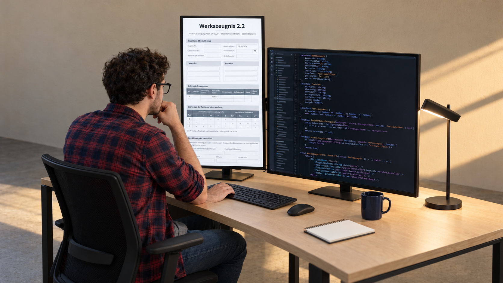 Softwareentwickler programmiert das Werkszeugnis 2.2: links das Formular für Stabstahl und Bleche mit Bestellbezug und Werten aus der Fertigungsüberwachung, rechts der TypeScript-Code