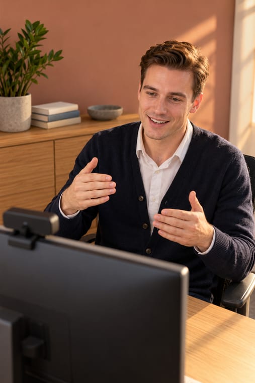 Formilo-Berater erklärt im Online-Meeting vor Monitor und Webcam, wie das digitale Werkszeugnis 2.2 entsteht