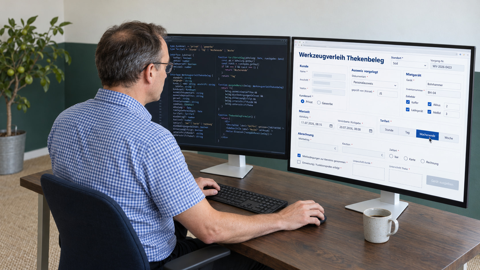Entwickler mit Brille im karierten Hemd programmiert die Werkzeugverleih-Vorlage: links der Code, rechts der Werkzeugverleih Thekenbeleg mit Kunde, vorgelegtem Ausweis, Mietgerät Bohrhammer mit Zubehör, Mietzeit, Tarifart Wochenende und Abrechnung
