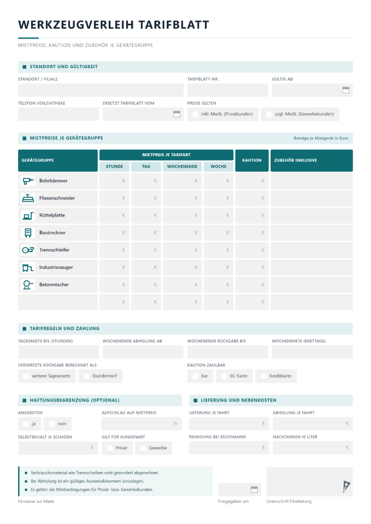 Werkzeugverleih Tarifblatt mit Standort und Gültigkeit, Mietpreisen je Gerätegruppe von Bohrhämmern über Fliesenschneider, Rüttelplatte und Bautrockner bis Betonmischer nach Stunde, Tag, Wochenende und Woche, Kaution und Zubehör inklusive, Tarifregeln, optionaler Haftungsbegrenzung sowie Nebenkosten für Lieferung und Reinigung