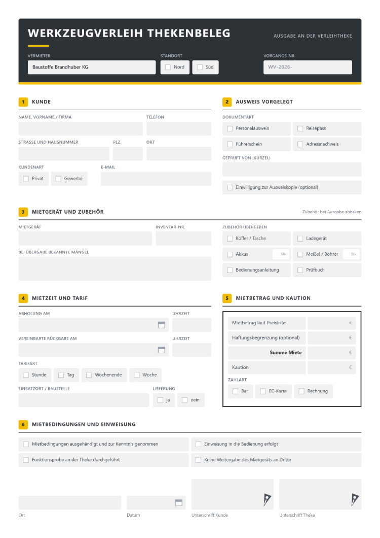 Werkzeugverleih Thekenbeleg für die Ausgabe an der Verleihtheke mit Standort und Vorgangs-Nr., Kunde mit Kundenart Privat oder Gewerbe, vorgelegtem Ausweis mit Dokumentart und Kürzel, Mietgerät mit Inventar-Nr. und übergebenem Zubehör, Mietzeit und Tarifart, Mietbetrag und Kaution sowie Mietbedingungen, Einweisung und Unterschriften