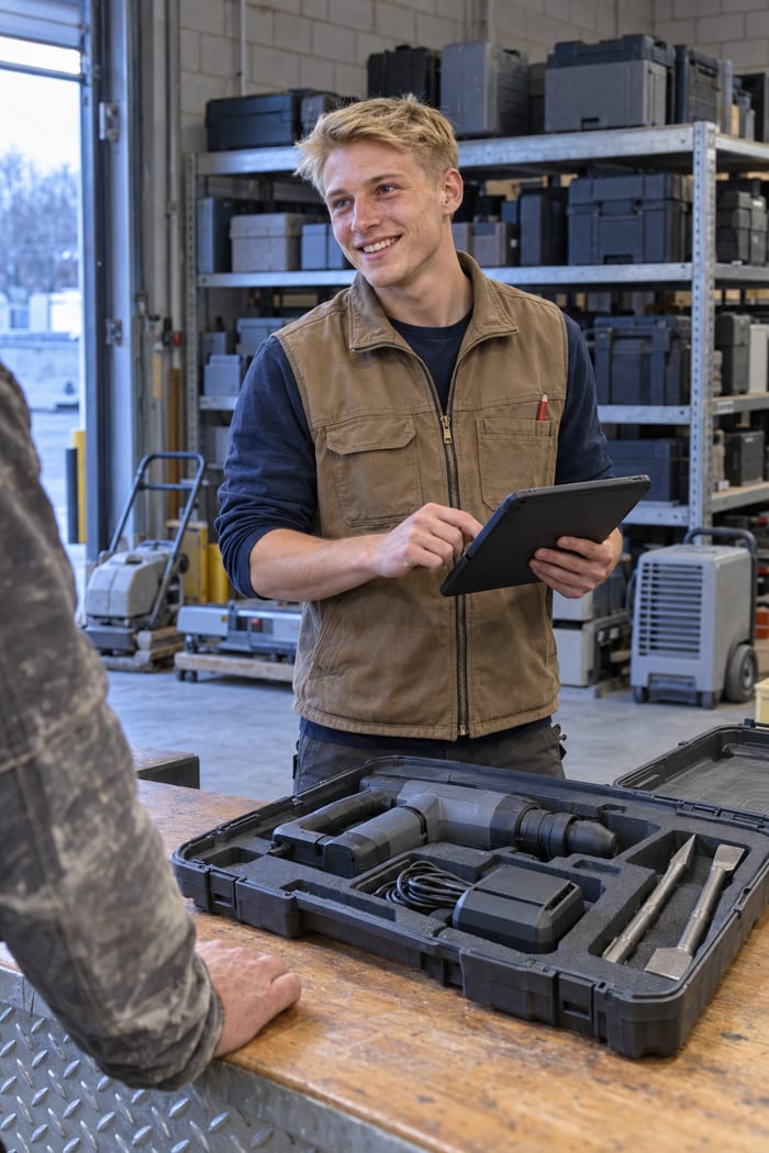 Junger Mitarbeiter in brauner Arbeitsweste tippt an der Verleihtheke lächelnd auf sein Tablet, vor ihm ein offener Koffer mit Bohrhammer, Ladegerät und Meißeln, angeschnitten ein Handwerker, dahinter Regale voller Maschinenkoffer und ein Bautrockner